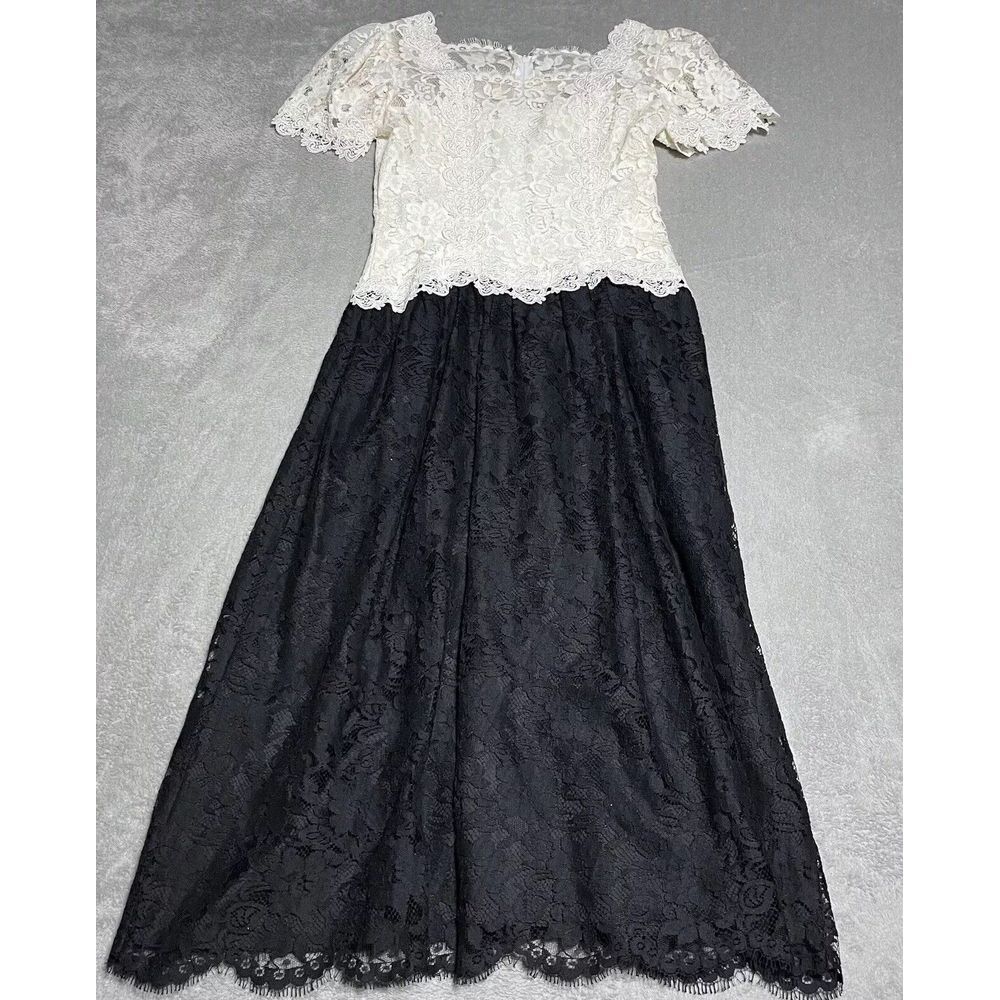 Vintage Cachet By Bari Protas Dress Womens Medium Black White Lace Puff Sleeve‎